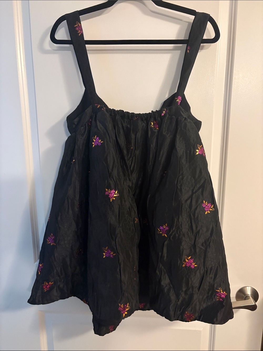For Love And Lemons Black Mini Bubble Dress with Pink & Gold Embroidered Flowers - Picture 7 of 7
